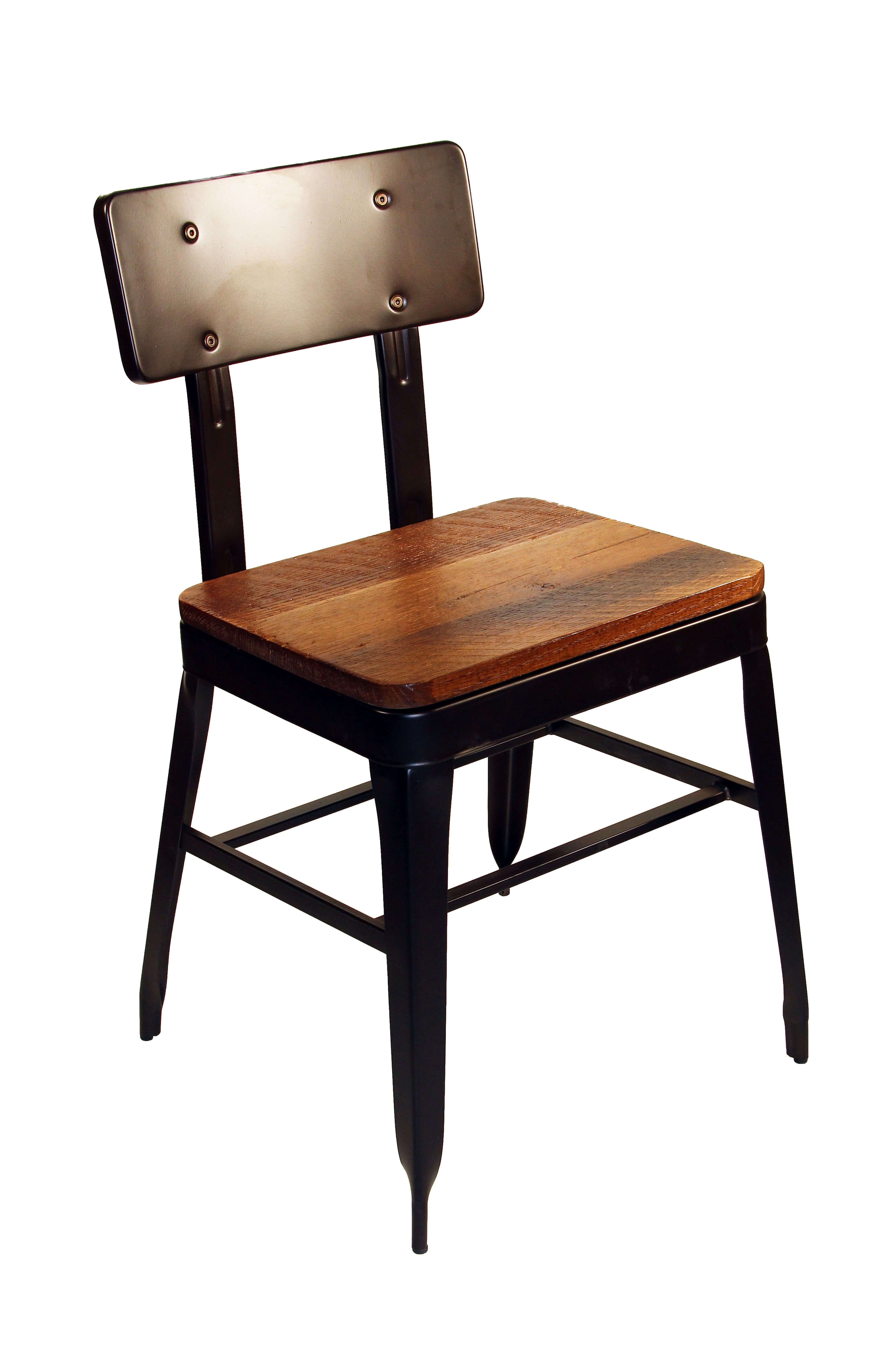 A rust colored chair with a reclaimed seat. 