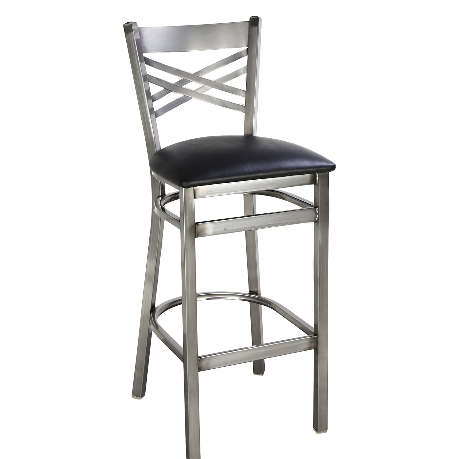 Clear Coat Distressed Finish Steel Cross-Back Restaurant Bar Stool with Upholstered Seat (front)