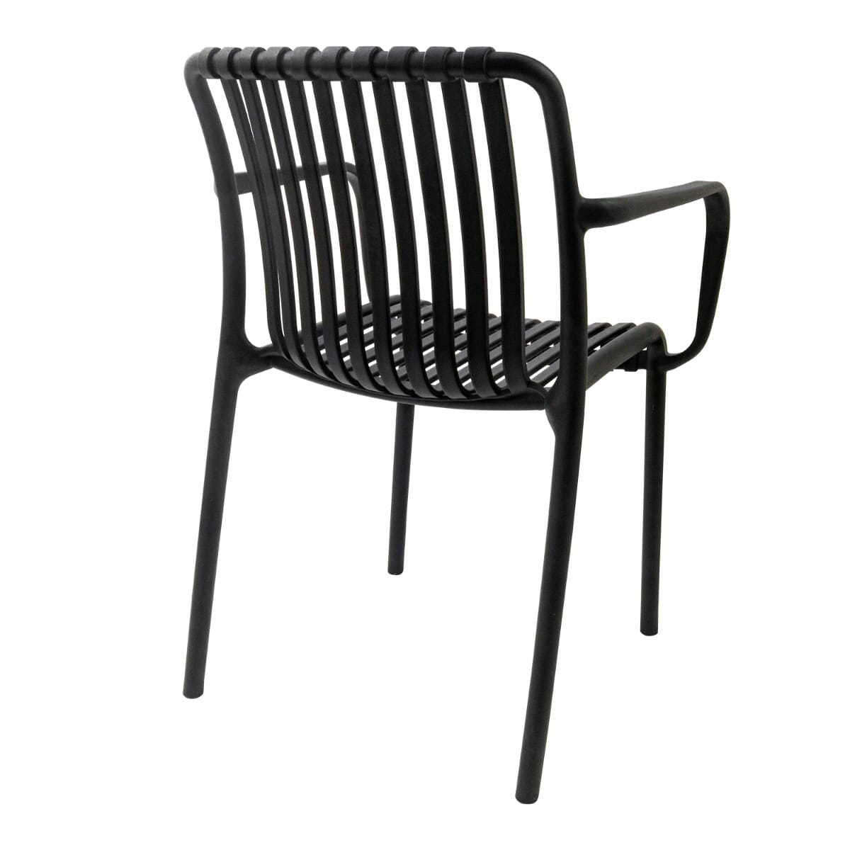 Stackable Outdoor Black Resin Restaurant Arm Chair with Striped Seat and Back