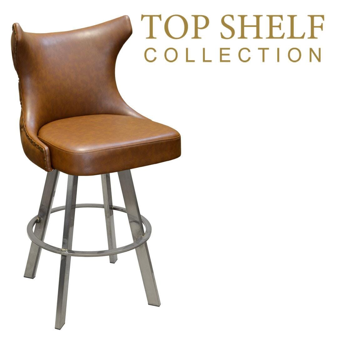 Gladiator 2150 Tufted Back Bucket Bar Stool in Bourbon Brown on Large Clear Coat Base from East Coast Chair & Barstool  - Top Shelf Collection