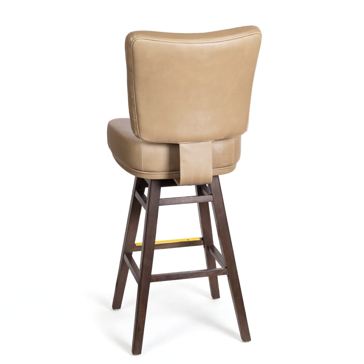 Custom Upholstered Restaurant Bucket Bar Stool with Walnut Frame and Brass Footrest