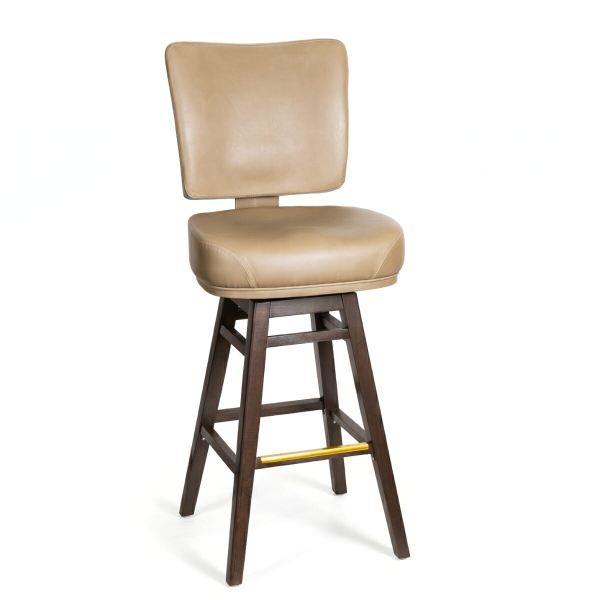 Custom Upholstered Restaurant Bucket Bar Stool with Walnut Frame and Brass Footrest