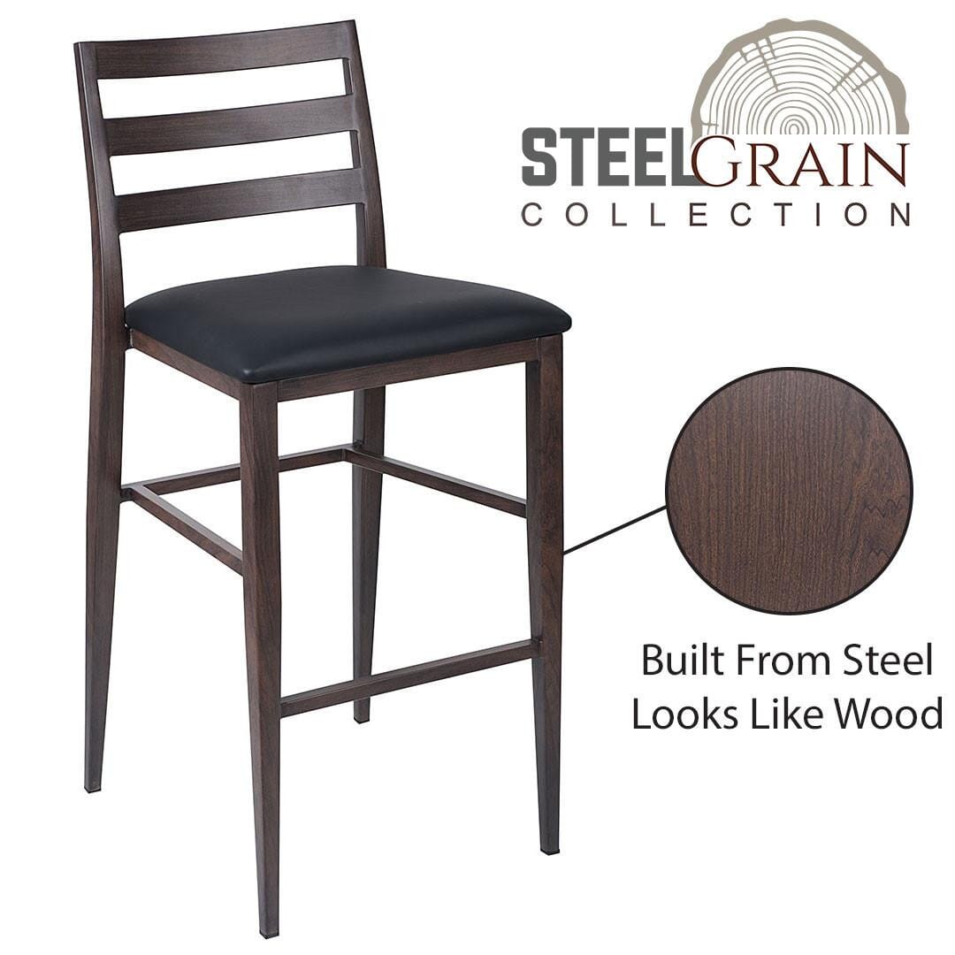 Steelgrain Ladderback Bar Stool with Walnut Wood Grain Frame and Black Vinyl Seat