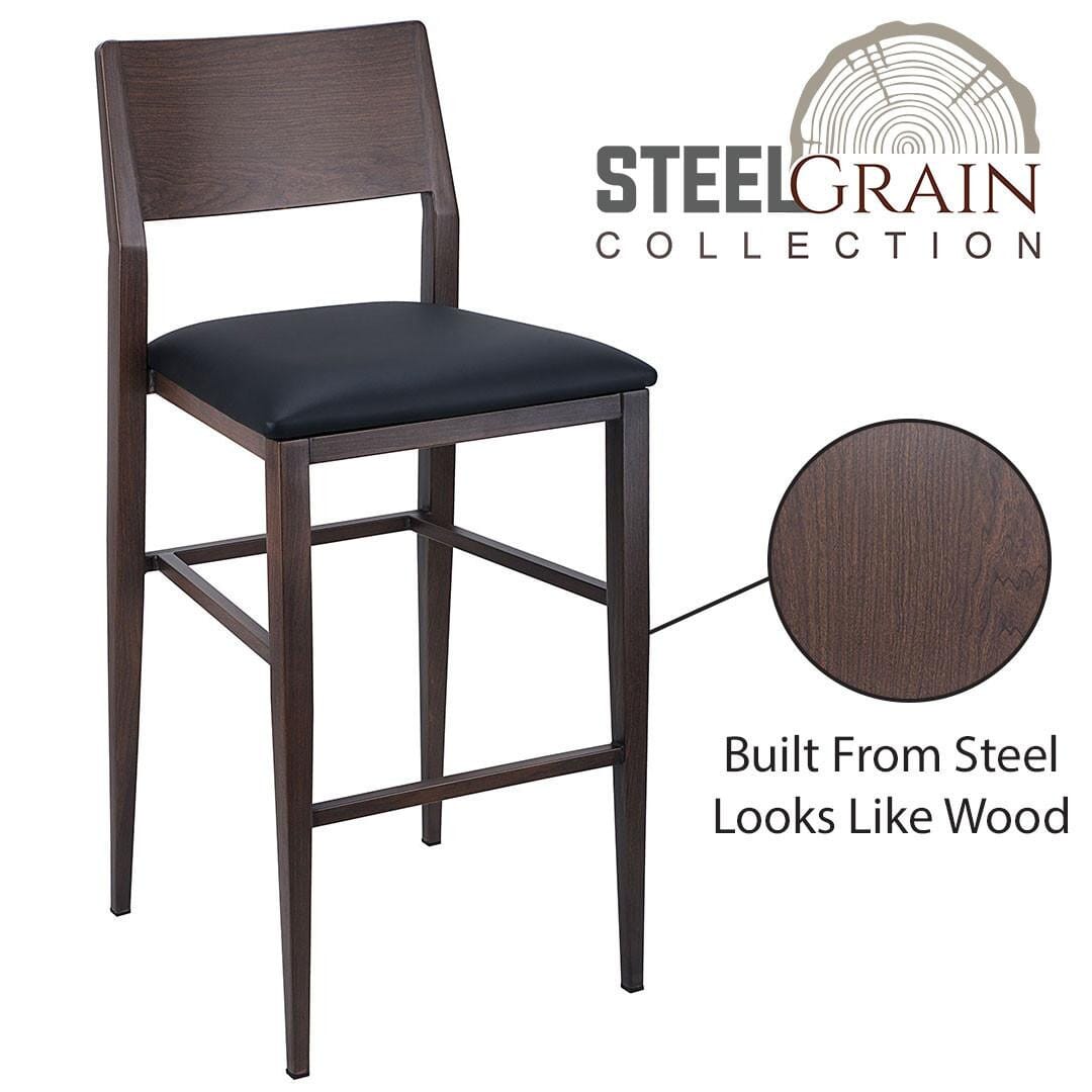 Steelgrain Panel Back Bar Stool with Walnut Wood Grain Frame and Black Vinyl Seat