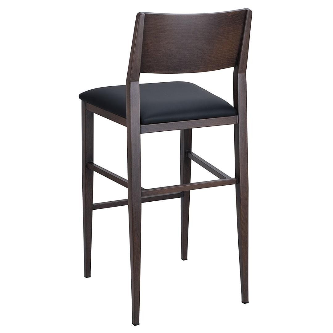 Steelgrain Panel Back Bar Stool with Walnut Wood Grain Frame and Black Vinyl Seat