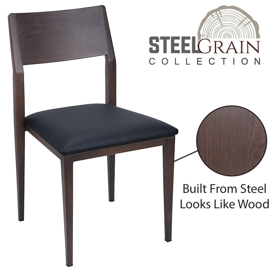 Steelgrain Panel Back Dining Chair with Walnut Wood Grain Frame and Black Vinyl Seat