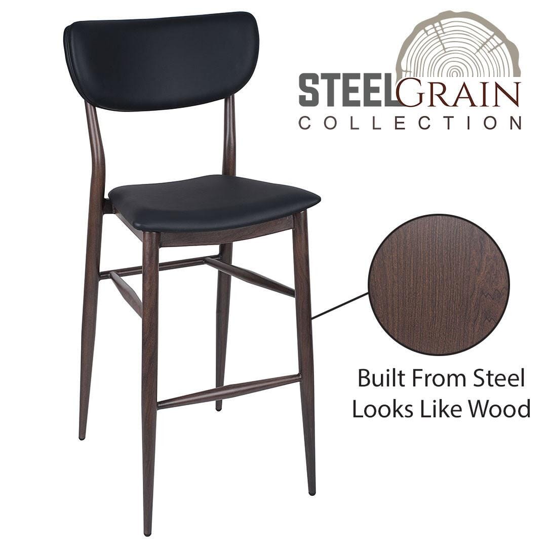 Steelgrain Steakhouse Dining Bar Stool with Walnut Wood Grain Frame and Black Vinyl Seat