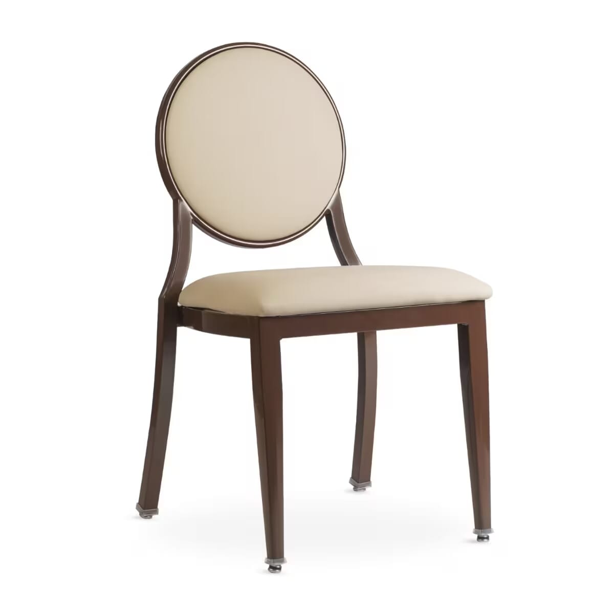 Elio Quickship Steel Stackable Banquet Chair in Walnut with Beige Vinyl Upholstery &mdash; Beige Vinyl, Walnut Powder-Coated Steel
