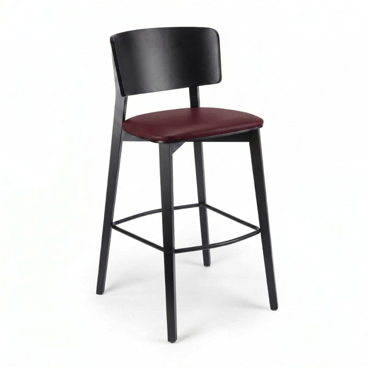 Ezra Black Solid Wood Restaurant Bar Stool with Upholstered Seat and Wood Back