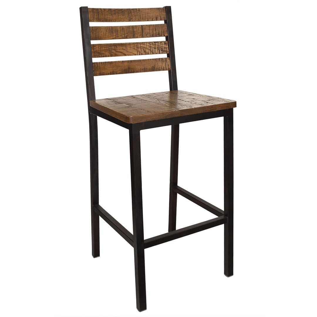 Elliot Collection Weathered Iron Bar Stool with Distressed Oak Seat and Back