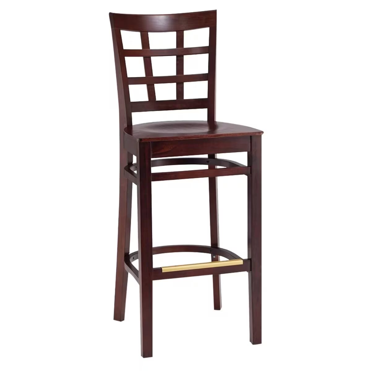 Commercial Dark Mahogany Wood Window Pane Restaurant Bar Stool with Wood Veneer Seat