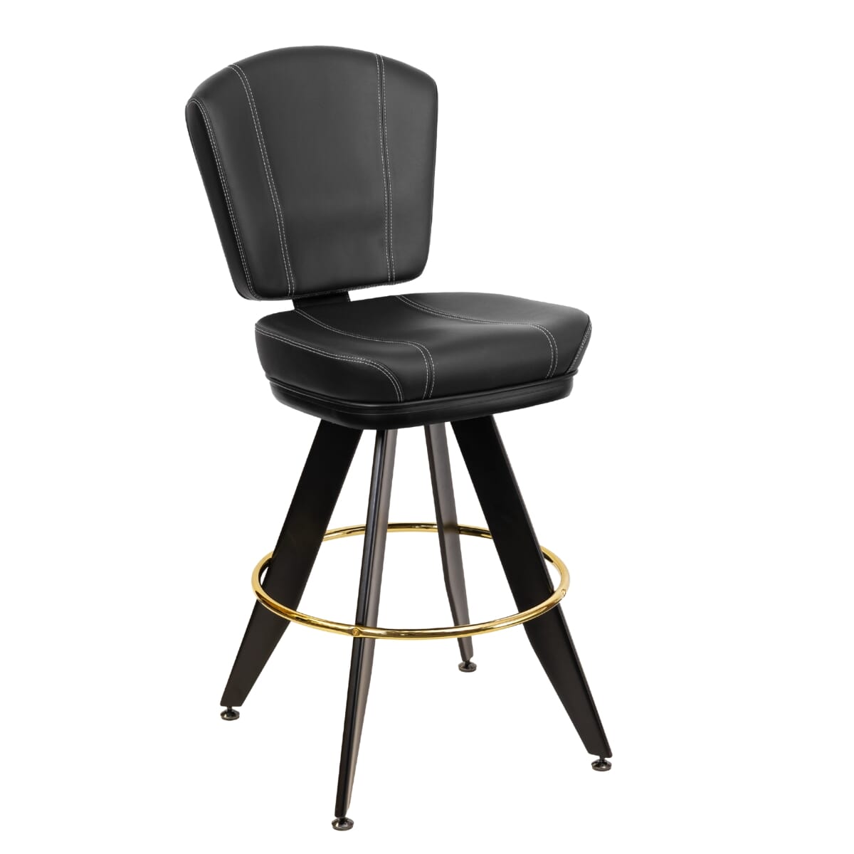 Top Shelf Collection Gladiator 825 Modern Bucket Bar Stool on Angled Black Frame with White Stitching and Choice of 3 Vinyl Colors