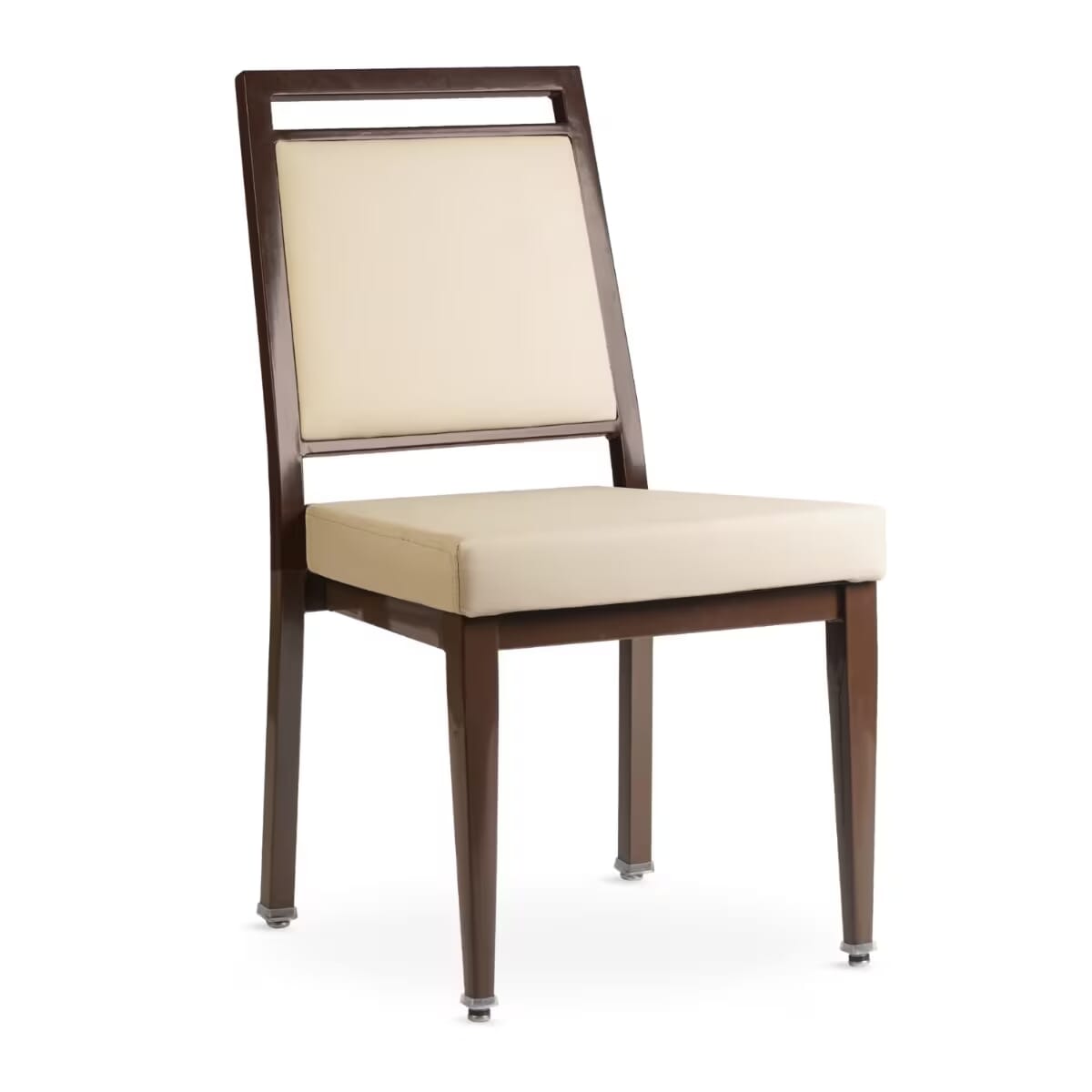 Atticus Quickship Steel Stackable Banquet Chair in Walnut with Beige Vinyl Upholstery &mdash; Beige Vinyl, Black Powder-Coated Steel