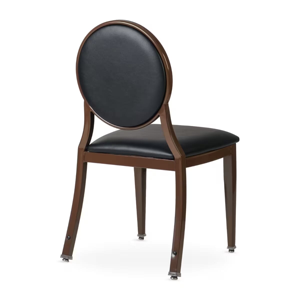 Elio Quickship Steel Stackable Banquet Chair in Walnut with Black Vinyl Upholstery &mdash; Black Vinyl, Walnut Powder-Coated Steel