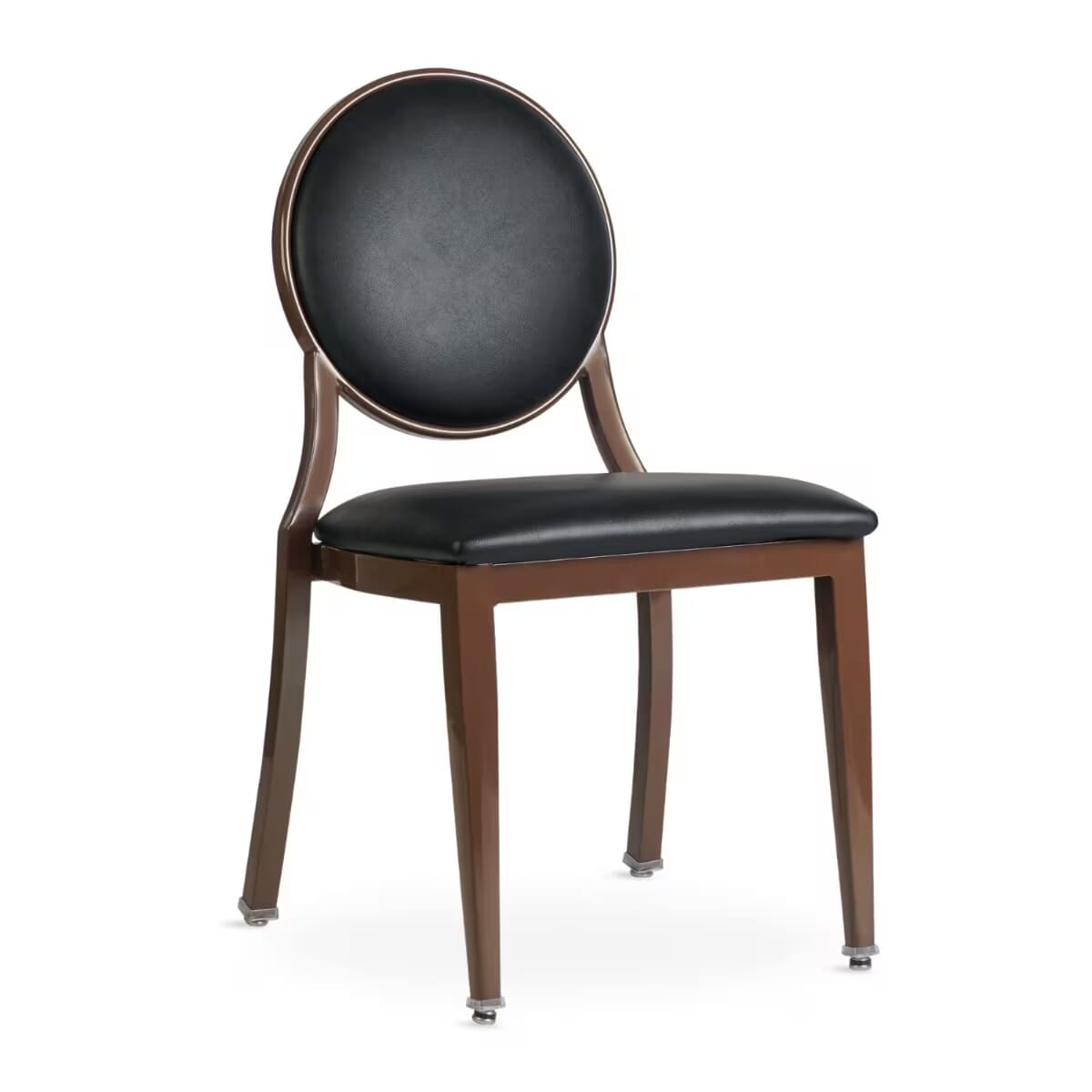 Elio Quickship Steel Stackable Banquet Chair in Walnut with Black Vinyl Upholstery &mdash; Black Vinyl, Walnut Powder-Coated Steel