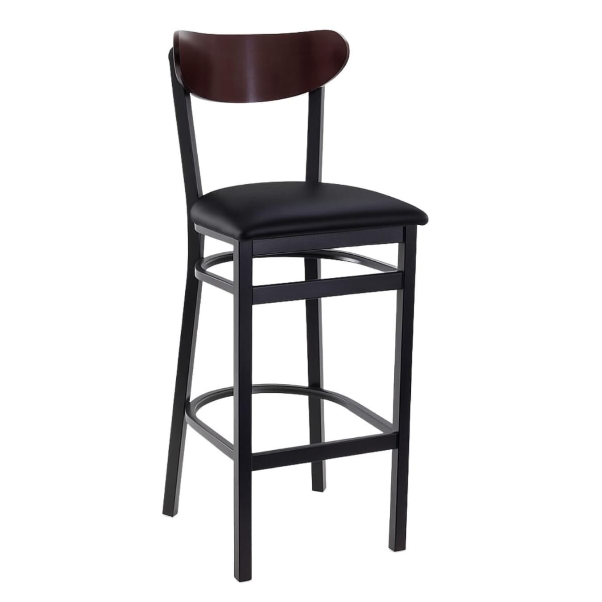 Kidney-Shaped Dark Mahogany Wood Restaurant Bar Stool with Black Metal Frame (Multiple Seat Options!)