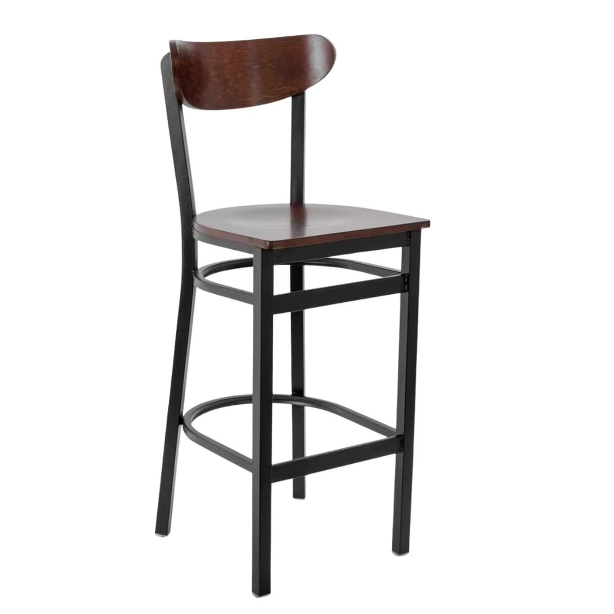 Kidney-Shaped Dark Mahogany Wood Restaurant Bar Stool with Black Metal Frame (Multiple Seat Options!)