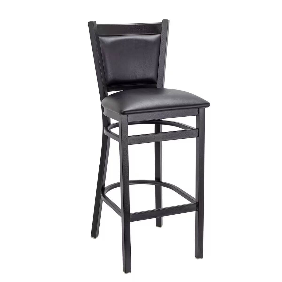 Black Steel Restaurant Bar Stool with Black Vinyl Seat and Back