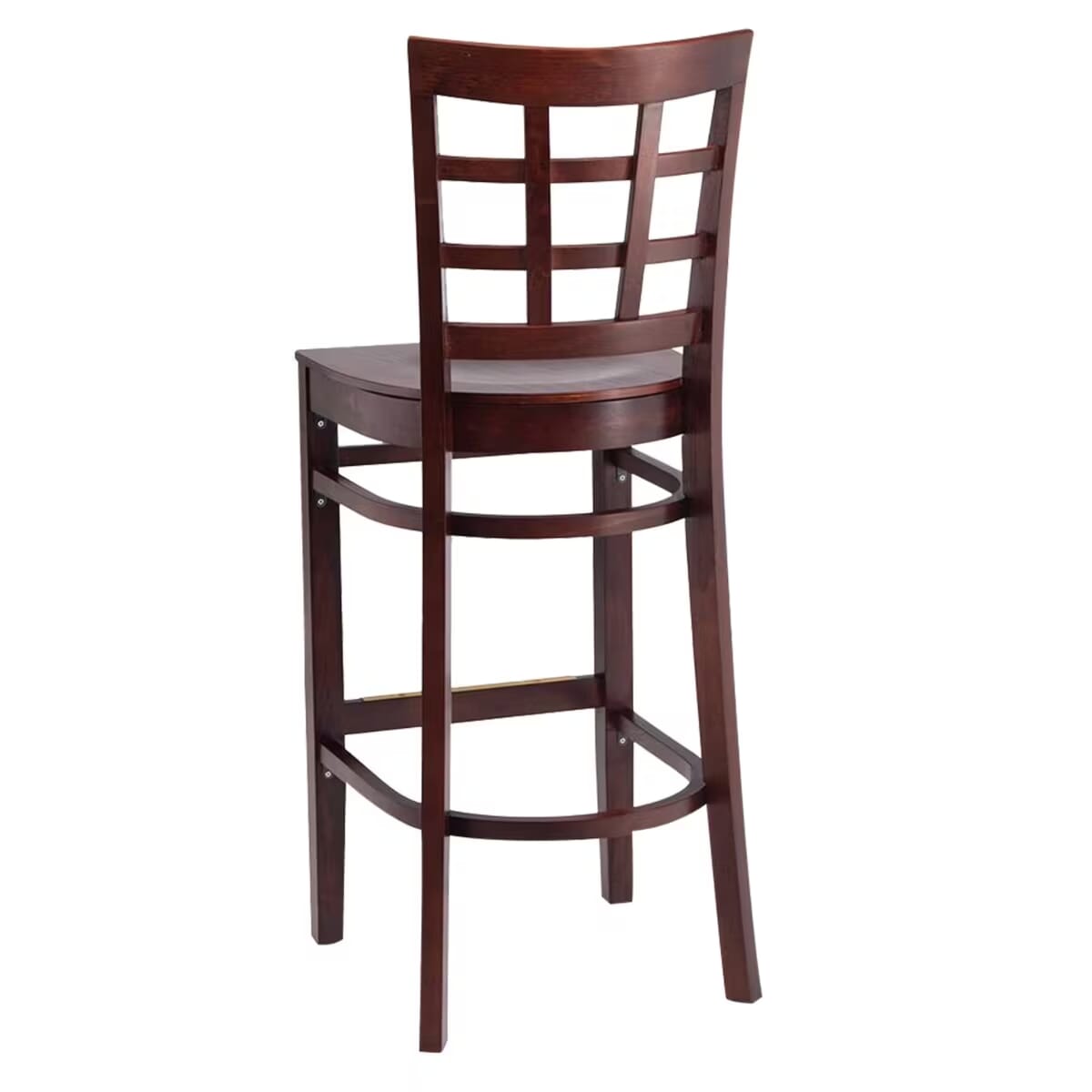 Commercial Dark Mahogany Wood Window Pane Restaurant Bar Stool with Wood Veneer Seat