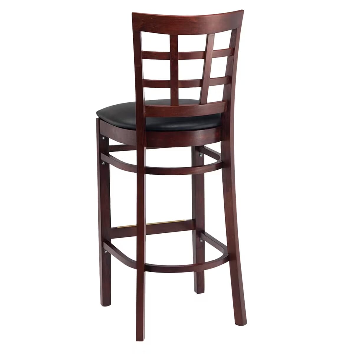 Commercial Dark Mahogany Wood Window Pane Restaurant Bar Stool with Upholstered Seat