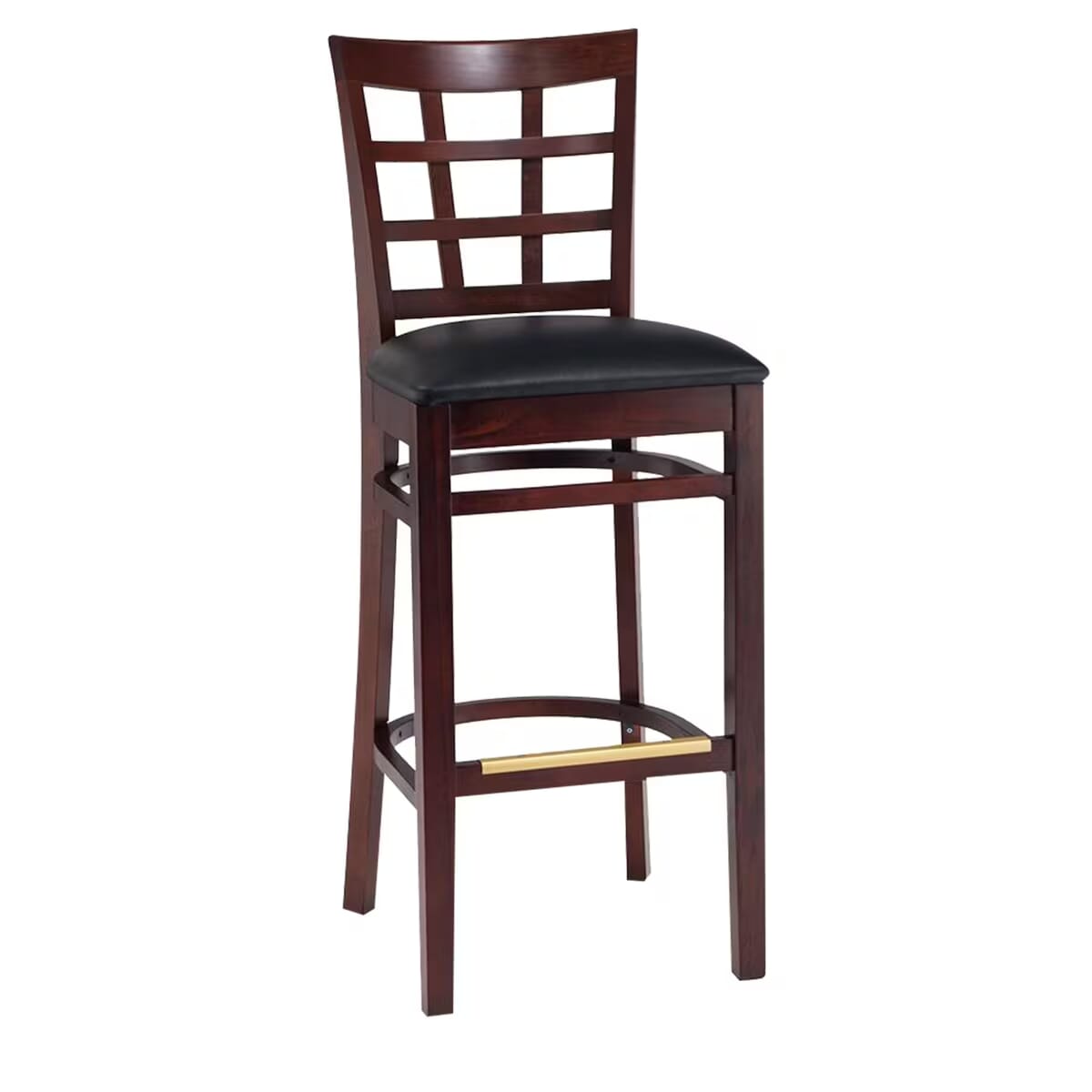 Commercial Dark Mahogany Wood Window Pane Restaurant Bar Stool with Upholstered Seat