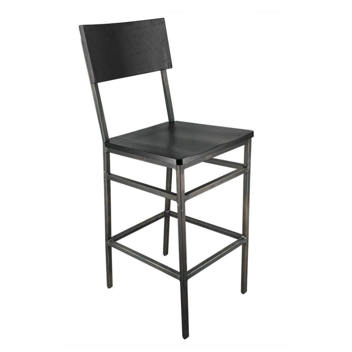 Henry Collection Weathered Iron Steel Bar Stool with Black Solid Wood Seat and Back East Coast Chair and Barstool