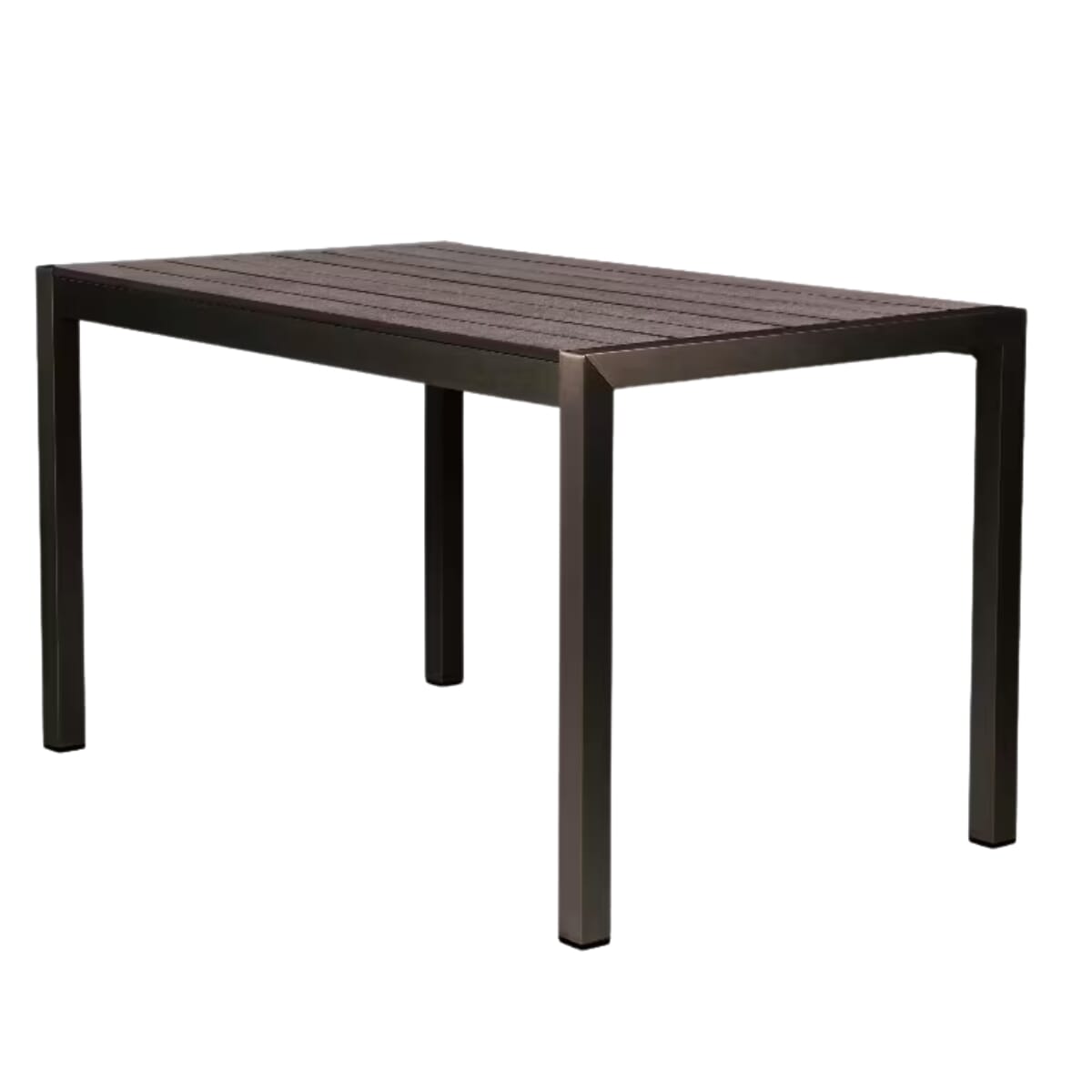 Aluminum Restaurant Table with Brushed Brown Synthetic Teak Slats (Standard Height, Multiple Sizes!)