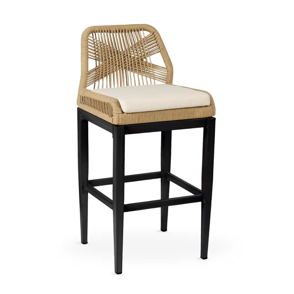 Trinidad Collection Black Frame Bar Stool in Tan Textaline Rope