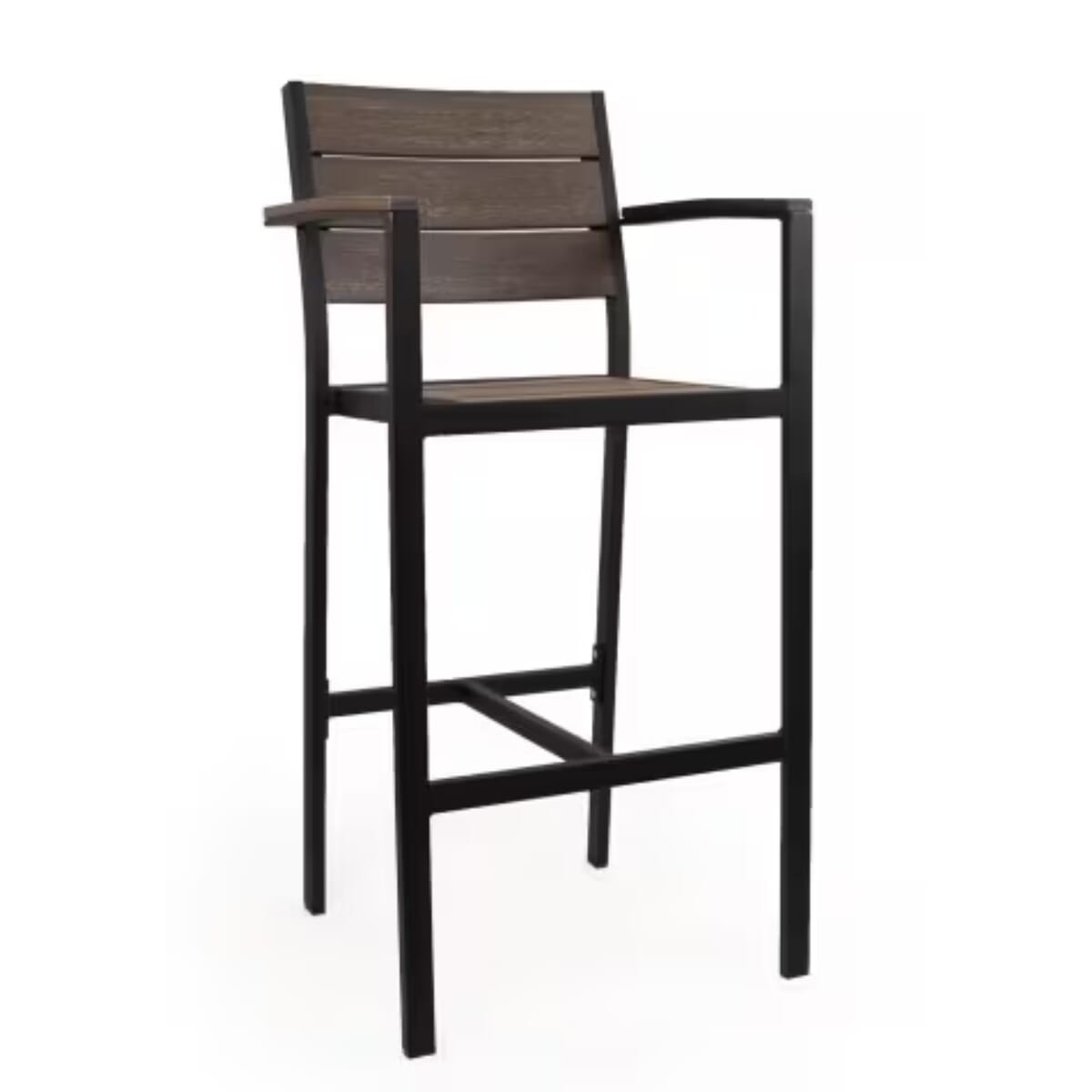 Caribbean Collection Black Frame Arm Bar Stool with Brown Teak Wood Slats