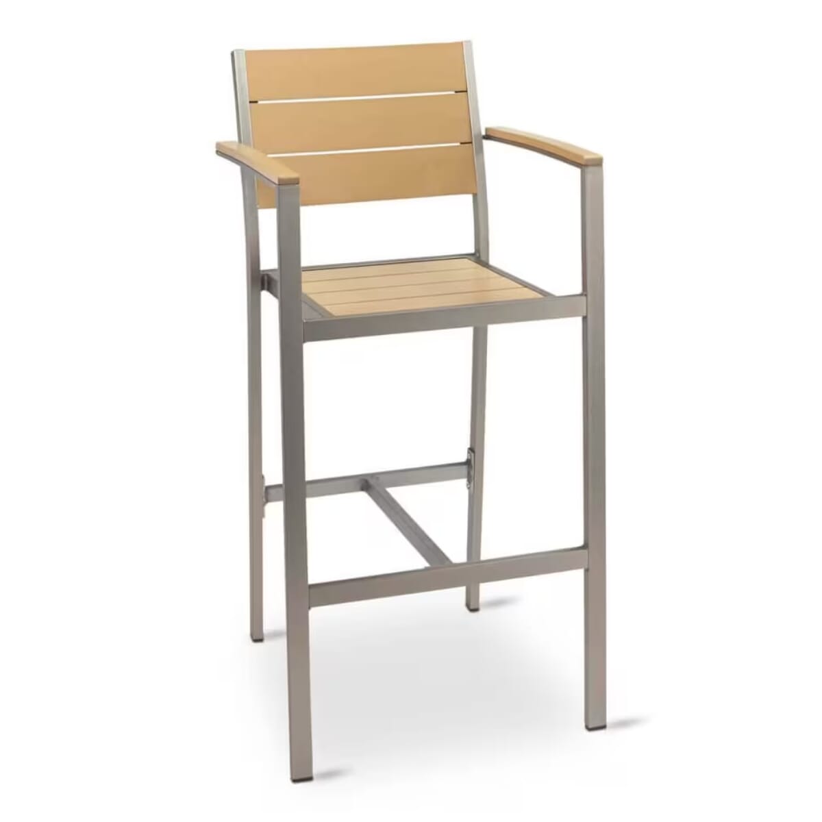 Caribbean Collection Silver Frame Arm Bar Stool with Tan Teak Wood Slats