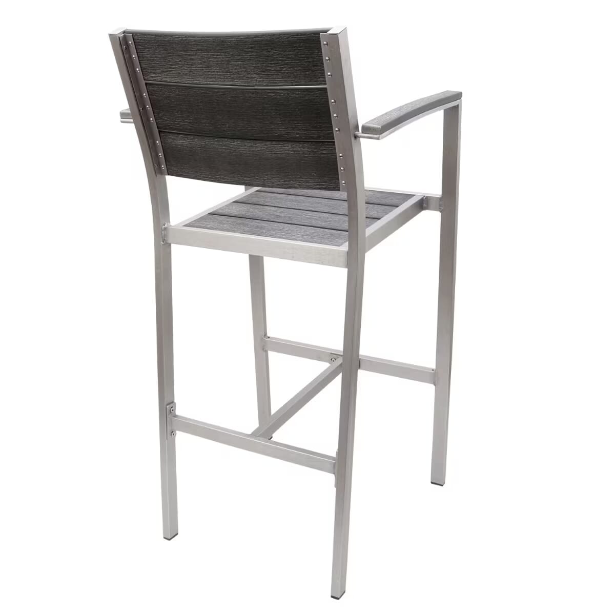 Caribbean Collection Silver Frame Arm Bar Stool with Pewter Teak Wood Slats