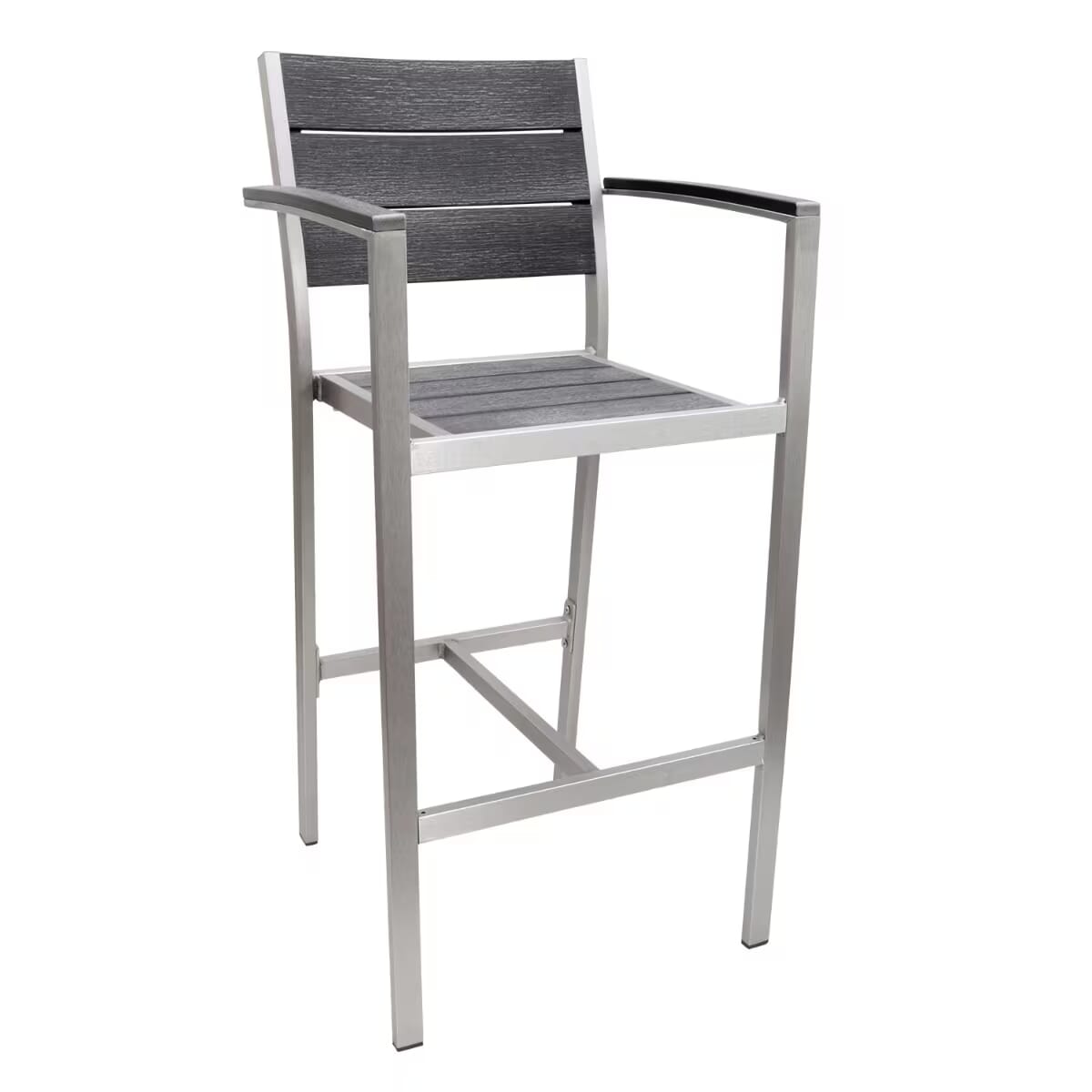 Caribbean Collection Silver Frame Arm Bar Stool with Pewter Teak Wood Slats