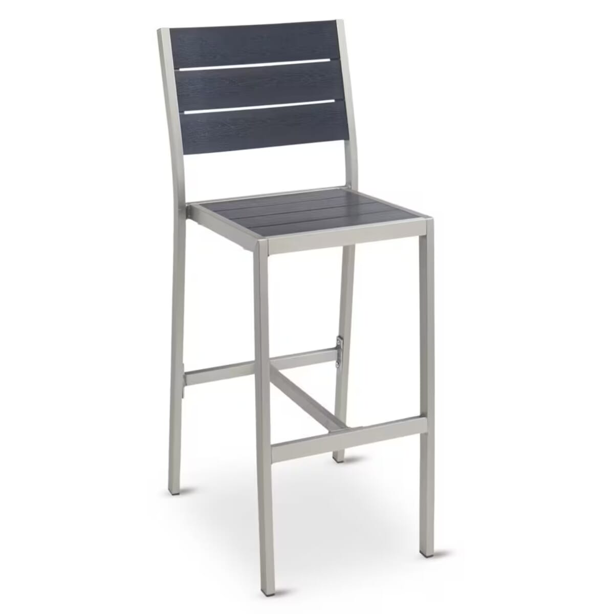 Caribbean Collection Silver Frame Side Bar Stool with Black Teak Wood Slats