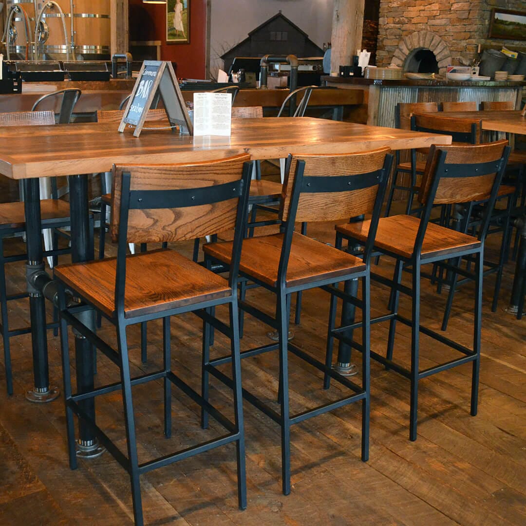 Henry Collection Steel Bar Stool With Distressed Solid Wood Seat and Back