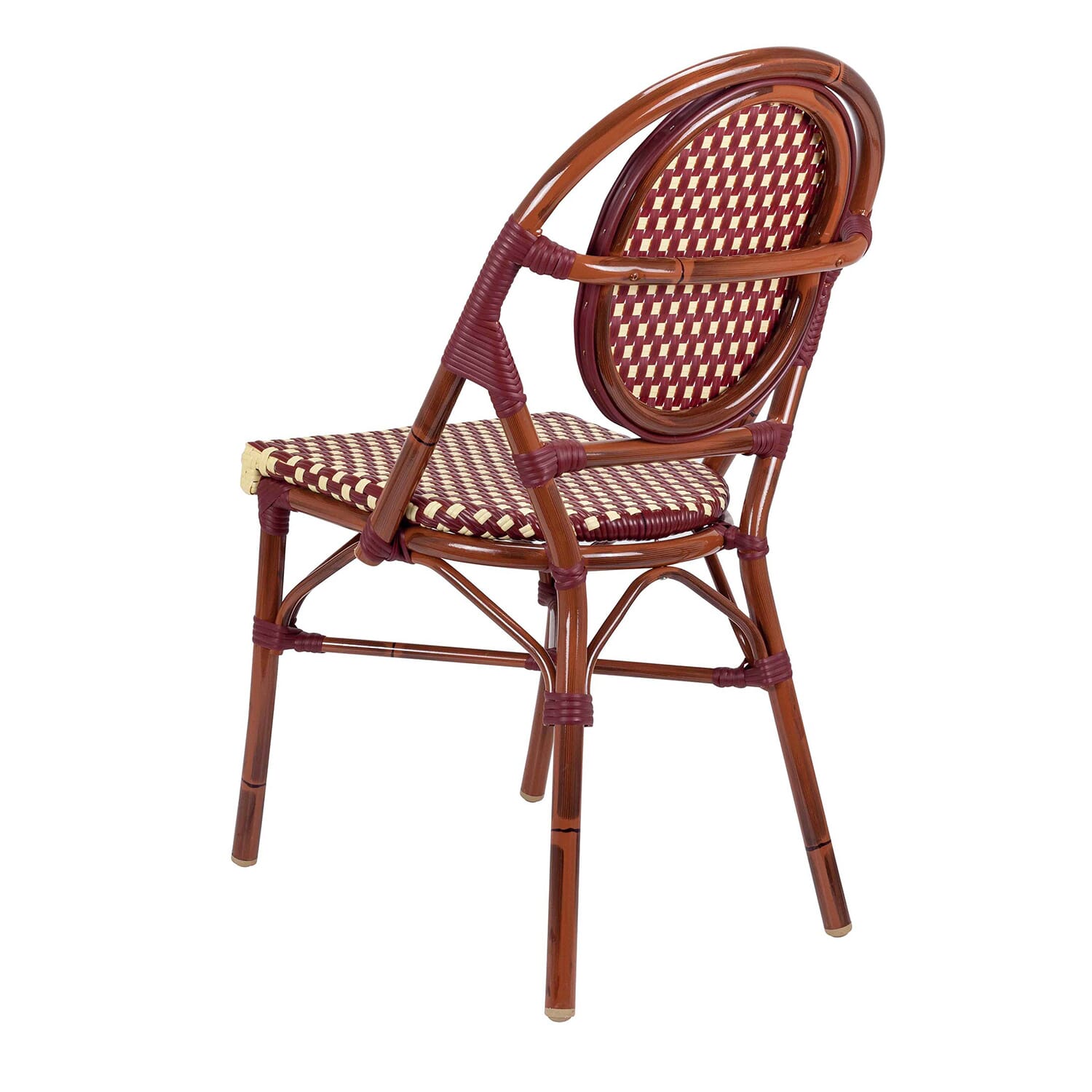 Stackable Outdoor Synthetic Wicker and Bamboo-Look Chair with Rounded Back in Mahogany and Burgundy