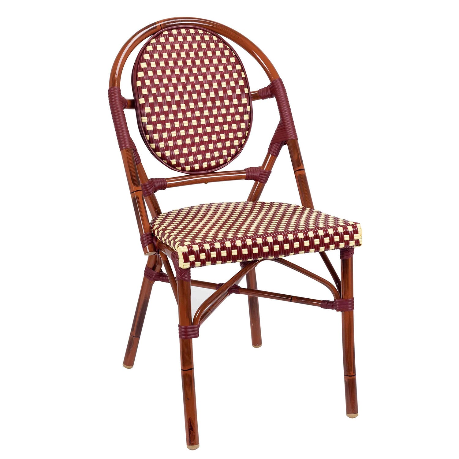 Stackable Outdoor Synthetic Wicker and Bamboo-Look Chair with Rounded Back in Mahogany and Burgundy